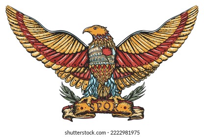 Ancient Rome eagle. Symbol of the Roman Empire. Old school tattoo vector art. Hand drawn graphic. Isolated on white. Traditional flash tattooing style