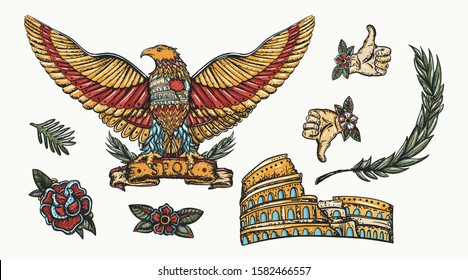 Ancient Rome elements. Old school tattoo collection. Colosseum. History of Italy. Roman eagle. Traditional tattooing style 