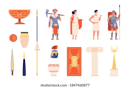 Antiguos elementos de roma. Gente y armas, guerrero aislado del imperio romano. amphora griega, símbolos culturales históricos de europa ilustración vectorial