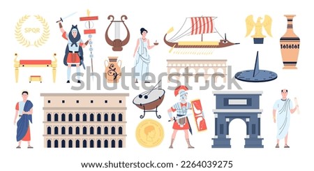 Ancient rome elements, roman weapons and buildings. Empire gladiators warriors, greek people characters. History flat recent vector collection