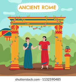 Ancient rome empire composition with outdoor scenery with flat human characters of male and female vector illustration