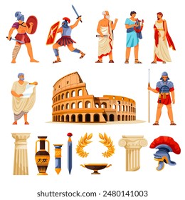 Ancient rome empire. Roman civilization people, greek culture religion elements caesar wreath amphora coliseum gladiator citizen history characters set, recent vector illustration