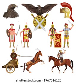 Ancient Rome empire set with armed soldiers, cavalry, weapons and coat of arms eagle. Vector illustration isolated on white background