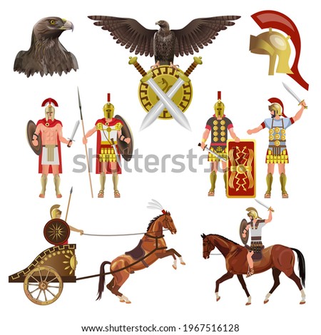 Ancient Rome empire set with armed soldiers, cavalry, weapons and coat of arms eagle. Vector illustration isolated on white background
