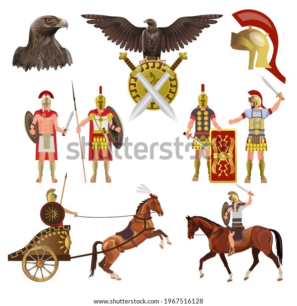 Ancient Rome empire set with armed soldiers,\
cavalry, weapons and coat of arms eagle. Vector illustration\
isolated on white\
background