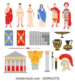 Ancient rome empire set of isolated flat images with pantheons legionnaire outfit weapons and human characters vector illustration Ancient rome empire set of isolated flat images with pantheons legionnaire outfit weapons and human characters vector illustration