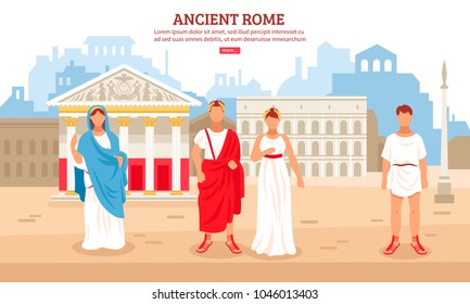 Ancient rome flat composition poster with imperial couple and plebeians citizens characters and pantheon in background vector illustration 