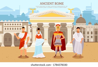 Ancient rome flat poster with person man and woman in traditional costumes vector. Rome empire. Historical characters stand near an architectural building with columns against the ancient city