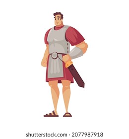 Ancient rome gladiator composition with isolated doodle style character of roman warrior with sword vector illustration
