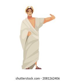 Ancient rome gladiator composition with isolated doodle style character of roman emperor in white gown with laurel wreath vector illustration