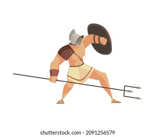 Ancient rome gladiator composition with isolated doodle style character of roman gladiator with spear and shield vector illustration