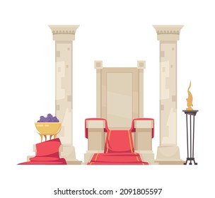 Ancient rome gladiator composition with isolated doodle style character of roman throne with pillars vector illustration