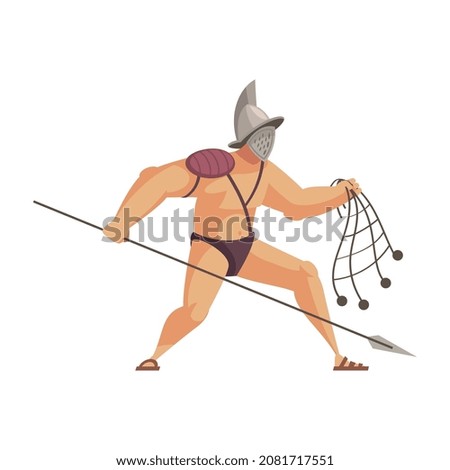 Ancient rome gladiator composition with isolated doodle style character of roman gladiator with spear and net vector illustration