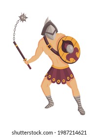 Ancient rome gladiator. Vector roman warrior character in armor with mace and shield. Flat illustration in cartoon style. Militant man ready for battle