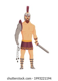 Gladiador de roma antiguo. El personaje guerrero vectorial romano en armadura con espada. Ilustración plana al estilo de las caricaturas. Hombre militante listo para la batalla