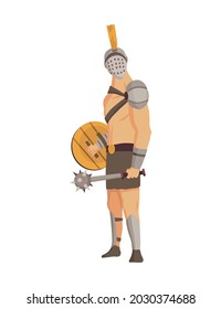 Ancient rome gladiator. Vector roman warrior character in armor with mace and shield. Flat illustration in cartoon style. Militant man ready for battle