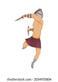 Gladiador de roma antiguo. Carácter vectorial romano guerrero en armadura con espadas. Ilustración plana al estilo de las caricaturas. Hombre militante listo para la batalla