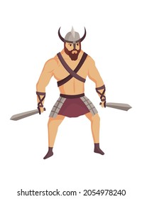 Ancient rome gladiator. Vector roman warrior character in armor with swords. Flat illustration in cartoon style. Militant man ready for battle