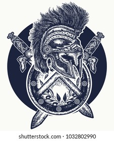 Ancient Rome and ancient Greece concept war t-shirt design. Spartan helmet crossed swords and shield. Symbol of bravery, fight, hero, army 
