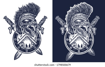Ancient Rome and ancient Greece concept war t-shirt design. Spartan helmet crossed swords and shield. Symbol of bravery, fight, hero, army. Black and white vector graphics 