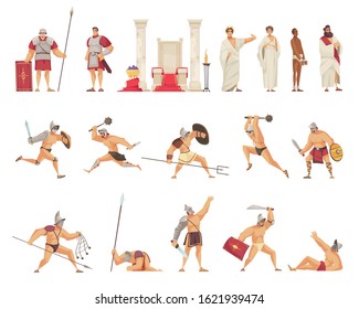 Ancient Rome icons set with gladiator fight flat isolated vector illustration