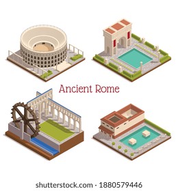 Puntos de referencia de roma antiguos 4 composición isométrica con tabulario de foro de colosseo arco triunfal ilustración del vector rueda de molino de agua de madera