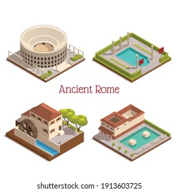 Puntos de referencia de roma antiguos 4 composición isométrica con columnas tabulárium de foro de colosseo ruinas ilustración de vector de molino de agua de madera 