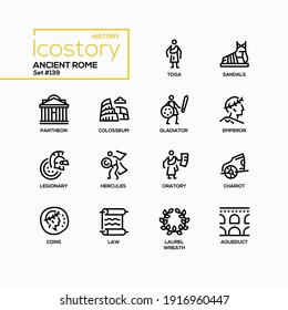 Ancient Rome - line design style icons set. Roman culture signs and symbols. Art, mythology, history idea. Toga, Pantheon, sandals, Hercules, gladiator, legionary, Colosseum, law, chariot black images