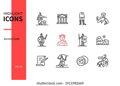 Ancient Rome - Modern Line Design Style Icons Set. Roman Culture Signs And Symbols. Art, Mythology And History Idea. Toga, Pantheon, Sandals, Hercules, Gladiator, Legionary, Colosseum, Law, Chariot