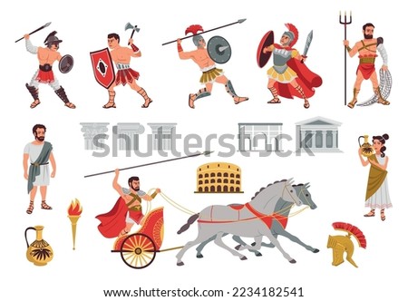 Ancient Rome objects and warriors. Cartoon gladiator characters. Greek soldiers on chariot. People in armors. Architectural elements. Fighter with spears and axes