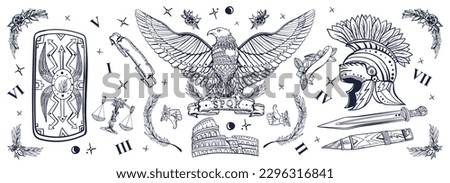 Ancient Rome. Old school tattoo collection. Roman eagle, spartan helmet, sword and shield, Colosseum. History of Italy. Traditional tattooing black and white style