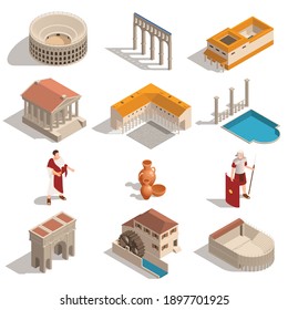 Ancient rome people landmarks architecture elements pottery isometric set with colosseum pantheon triumphal arch isolated vector illustration