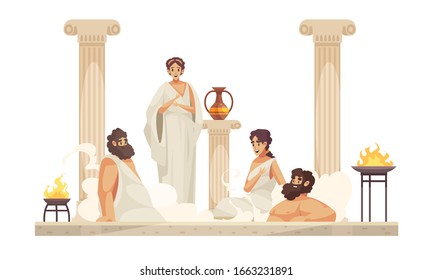 Ancient Rome People Wearing White Tunics Sitting In Thermal Bath Cartoon Vector Illustration