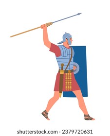 Ancient rome person. History and culture. Man with spear and shield in armor. Warrior and gladiator. Armed conflict and war. Cartoon flat vector illustration isolated on white background