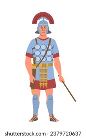 Ancient rome person. History and culture. Man with sword in armor. Warrior and gladiator. Graphic element for website. Cartoon flat vector illustration isolated on white background