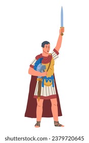 Ancient rome person. History and culture of old Greece. Man with sword in armor. Warrior and gladiator. Commander gives instructions. Cartoon flat vector illustration isolated on white background