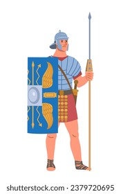 Ancient rome person. History and culture. Man with spear and shield in armor. Warrior and gladiator. Poster or banner. Cartoon flat vector illustration isolated on white background