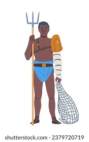 Ancient rome person. History and culture. Man with rake in armor. Hunter with equipment. Sticker for social networks. Cartoon flat vector illustration isolated on white background