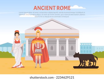 Ancient Rome Poster Design with Man and Woman in Traditional Wear Vector Template