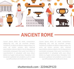 Ancient Rome Poster Design with Man and Woman in Traditional Wear and Attributes Vector Template