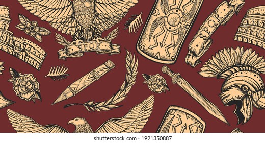 Ancient Rome. Seamless pattern. Roman eagle, spartan helmet, sword and shield. History of Italy. Traditional tattooing style 
