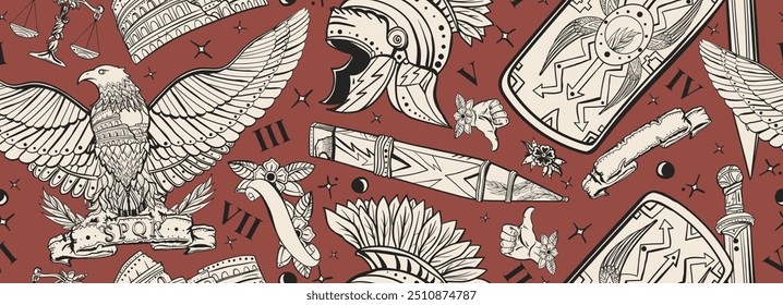 Antikes Rom nahtloses Muster. Römischer Adler, spartanischer Helm, Schwert und Schild. Geschichte Italiens Kunsthintergrund