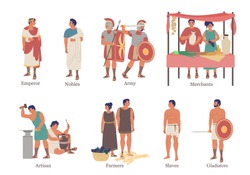 Alte Rom Soziale Hierarchie Struktur Zeichensatz, Vektorebene Einzelne Illustration. Obere Und Untere Klassen Der Antiken Römischen Hierarchie.