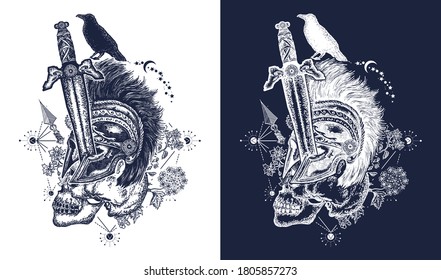 Ancient Rome soldier is killed with sword, medieval sword has pierced spartan's warrior. Symbol of life and death, t-shirt gothic design. Black and white vector graphics