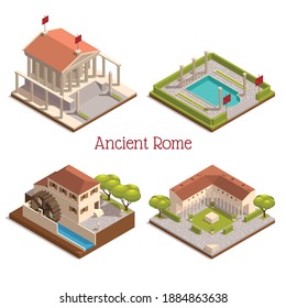 Ancient rome tourists attractions landmarks 4 isometric compositions with wooden watermill pantheon pillars columns ruins vector illustration