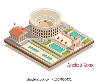 Ancient rome tourists attractions landmarks isometric composition with triumphal arch colosseum pantheon columns pillars ruins vector illustration