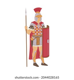 Ancient Rome Warrior Soldier In Armor And Shield - Cartoon Man Wearing Historical Roman Army Legionary Costume Isolated On White Background. Vector Illustration