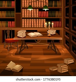 Ancient room with bookcase. Vector illustration