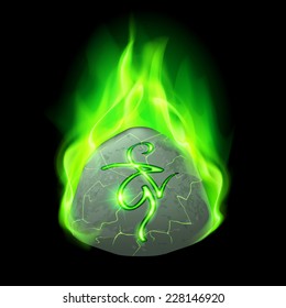 Ancient rough stone with magic rune in green flame