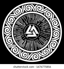 Antiguo diseño celta, escandinavo. Nudo celta, mandala y señal viking Valknut, aislado en negro, ilustración vectorial